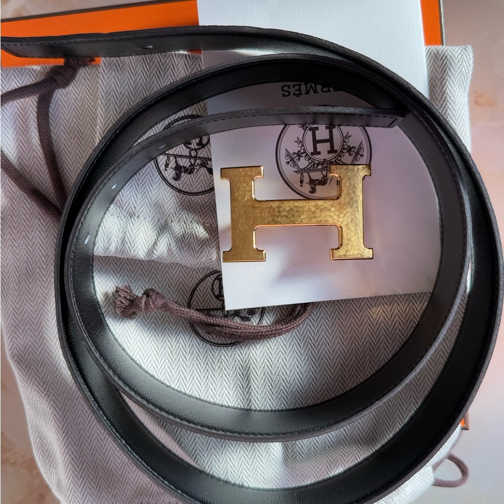 Hermès H Martelee belt buckle & Reversible leather strap 32 mm Noir Chocolat 95